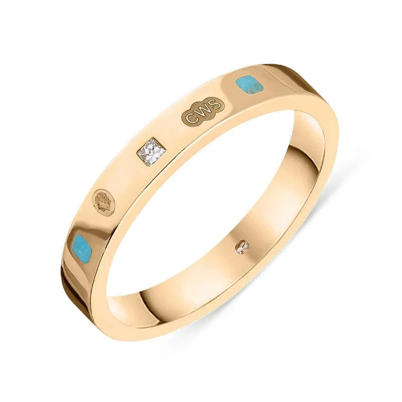 18ct Rose Gold 0.05ct Diamond Turquoise King's Coronation Hallmark Princess Cut 3mm Ring D