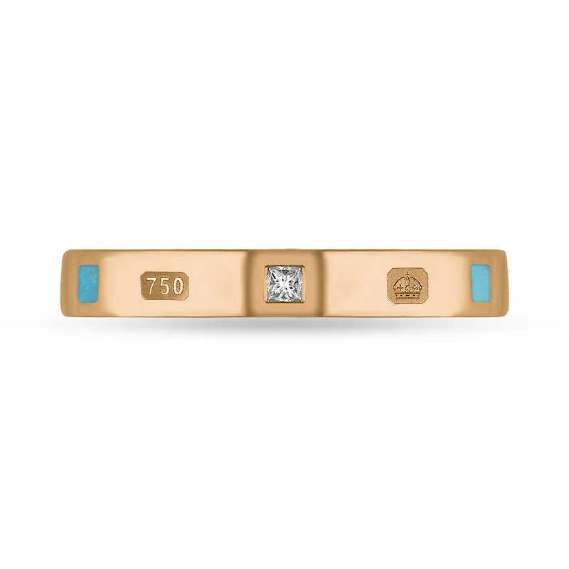 18ct Rose Gold 0.05ct Diamond Turquoise King's Coronation Hallmark Princess Cut 3mm Ring D