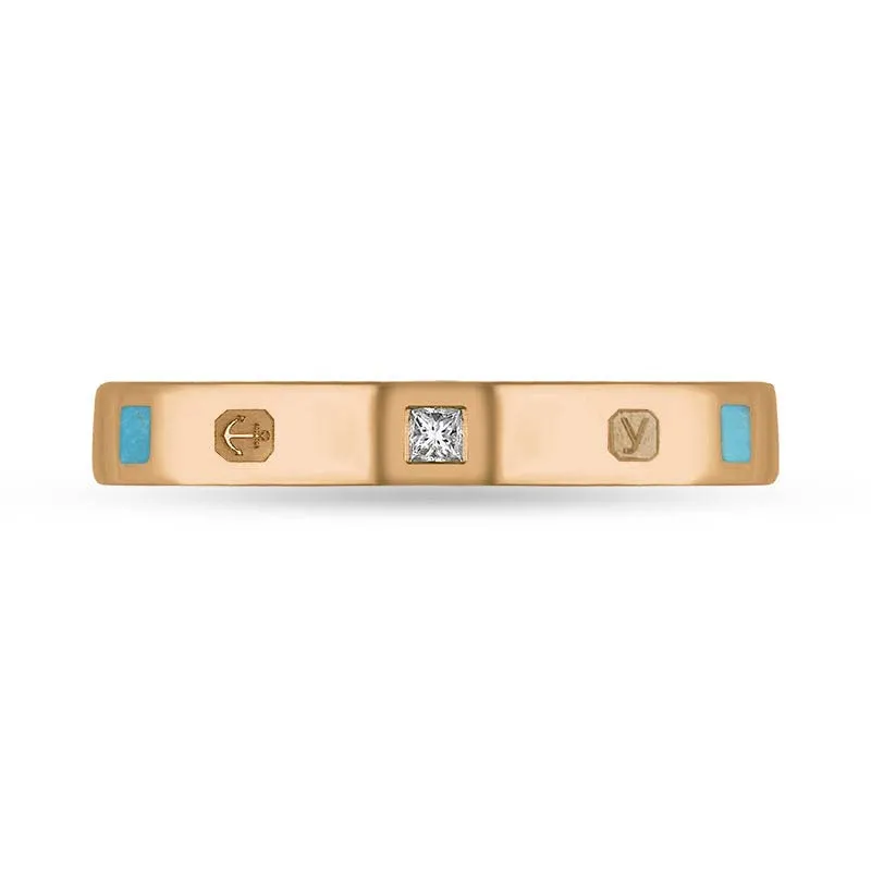 18ct Rose Gold 0.05ct Diamond Turquoise King's Coronation Hallmark Princess Cut 3mm Ring D