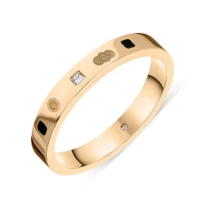 18ct Rose Gold 0.05ct Diamond Whitby Jet King's Coronation Hallmark Princess Cut 3mm Ring D