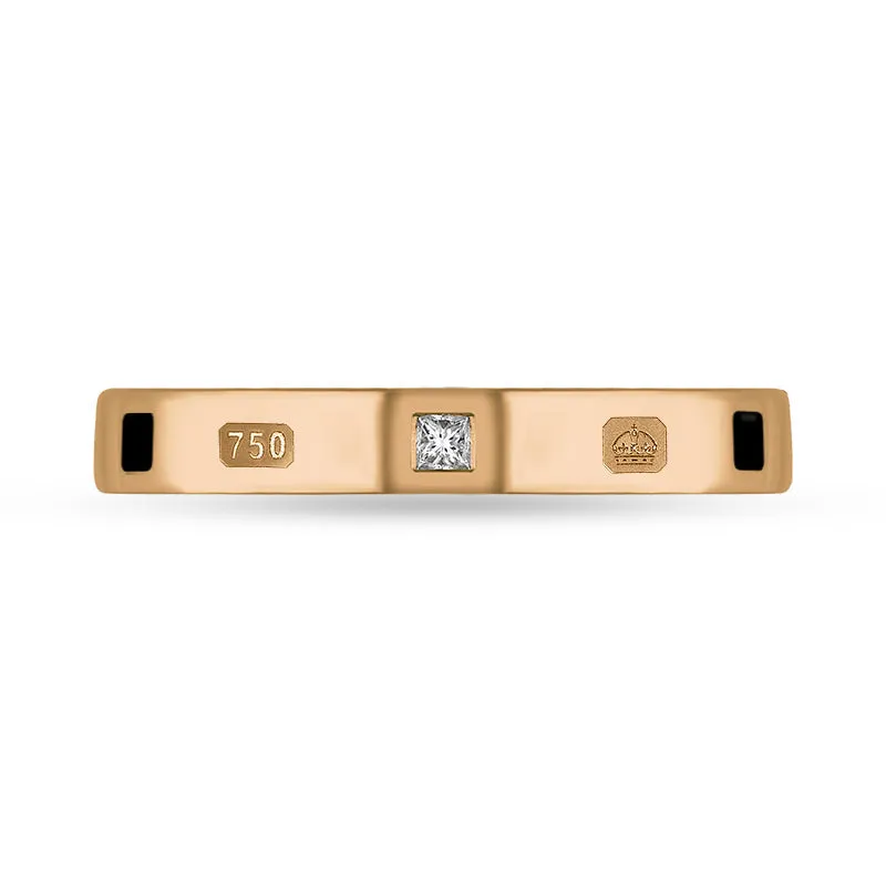 18ct Rose Gold 0.05ct Diamond Whitby Jet King's Coronation Hallmark Princess Cut 3mm Ring D