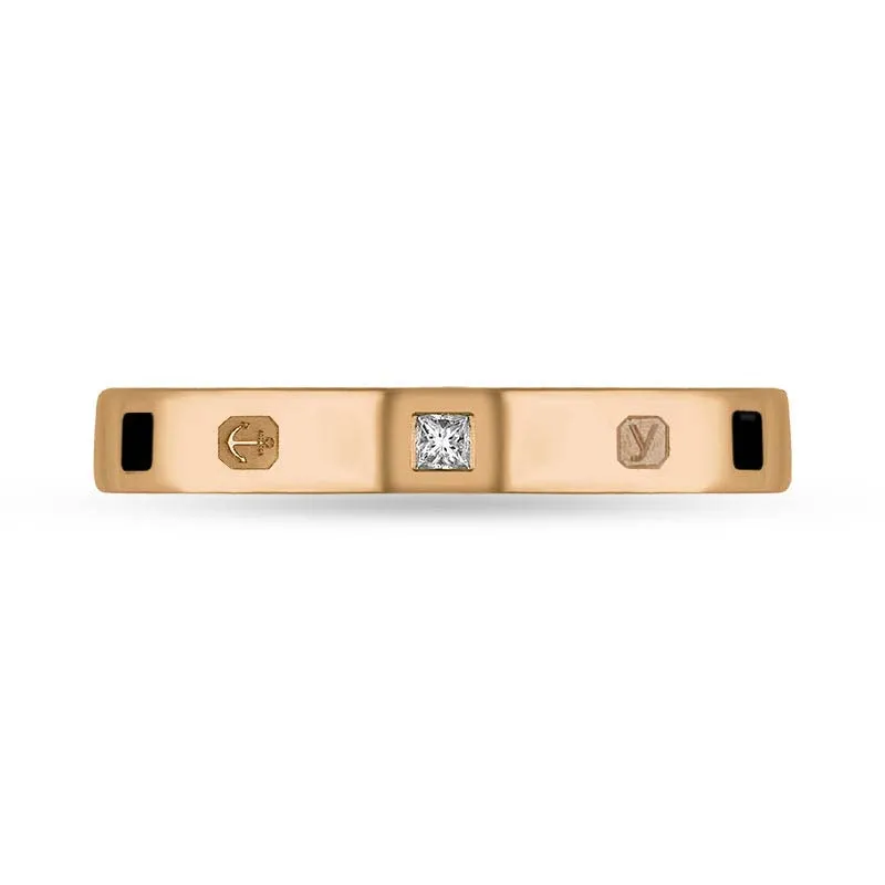 18ct Rose Gold 0.05ct Diamond Whitby Jet King's Coronation Hallmark Princess Cut 3mm Ring D