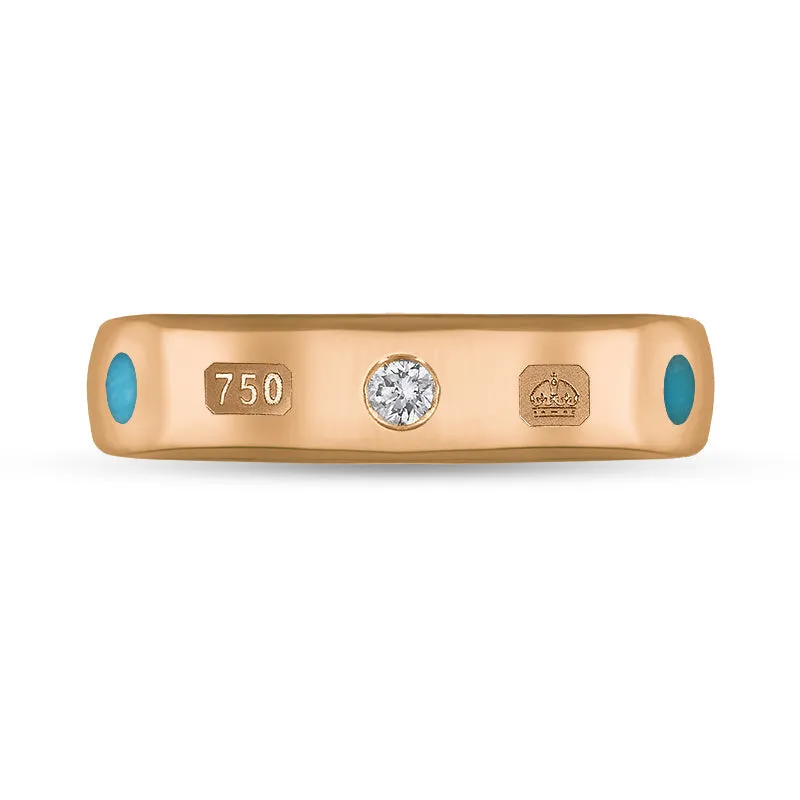 18ct Rose Gold 0.08ct Diamond Turquoise King's Coronation Hallmark 5mm Ring D
