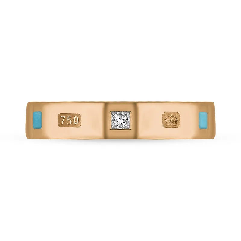 18ct Rose Gold 0.09ct Diamond Turquoise King's Coronation Hallmark Princess Cut 4mm Ring D