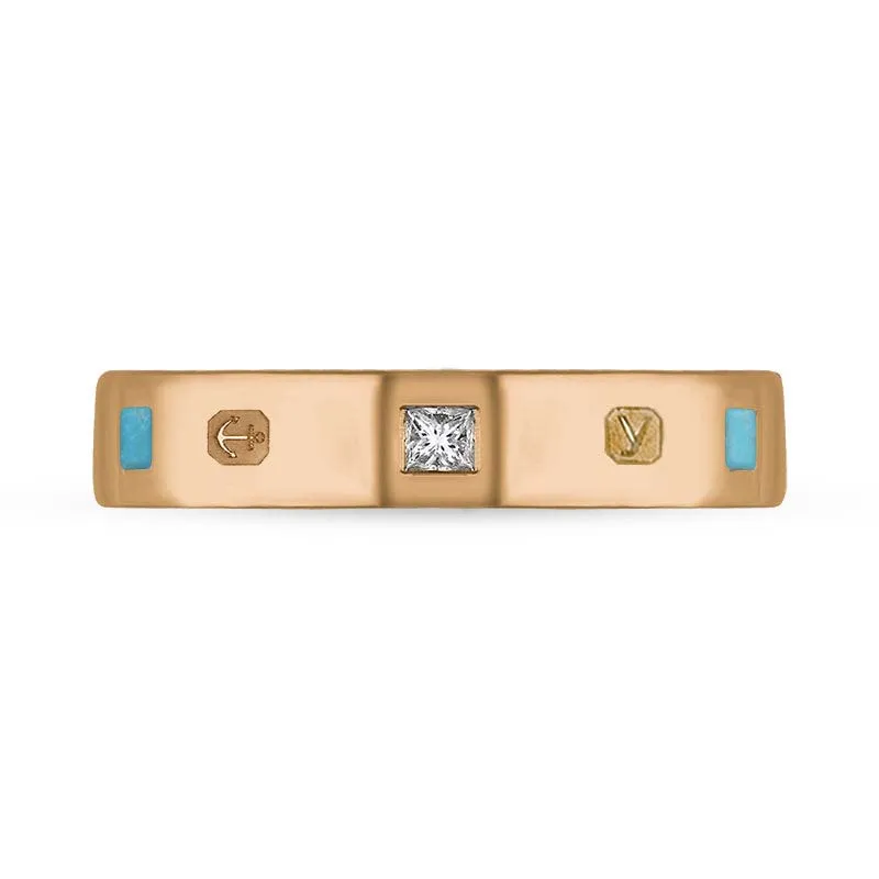 18ct Rose Gold 0.09ct Diamond Turquoise King's Coronation Hallmark Princess Cut 4mm Ring D