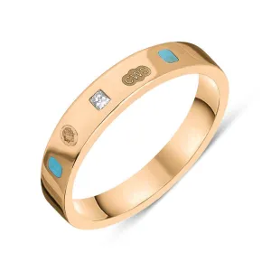 18ct Rose Gold 0.09ct Diamond Turquoise King's Coronation Hallmark Princess Cut 4mm Ring D