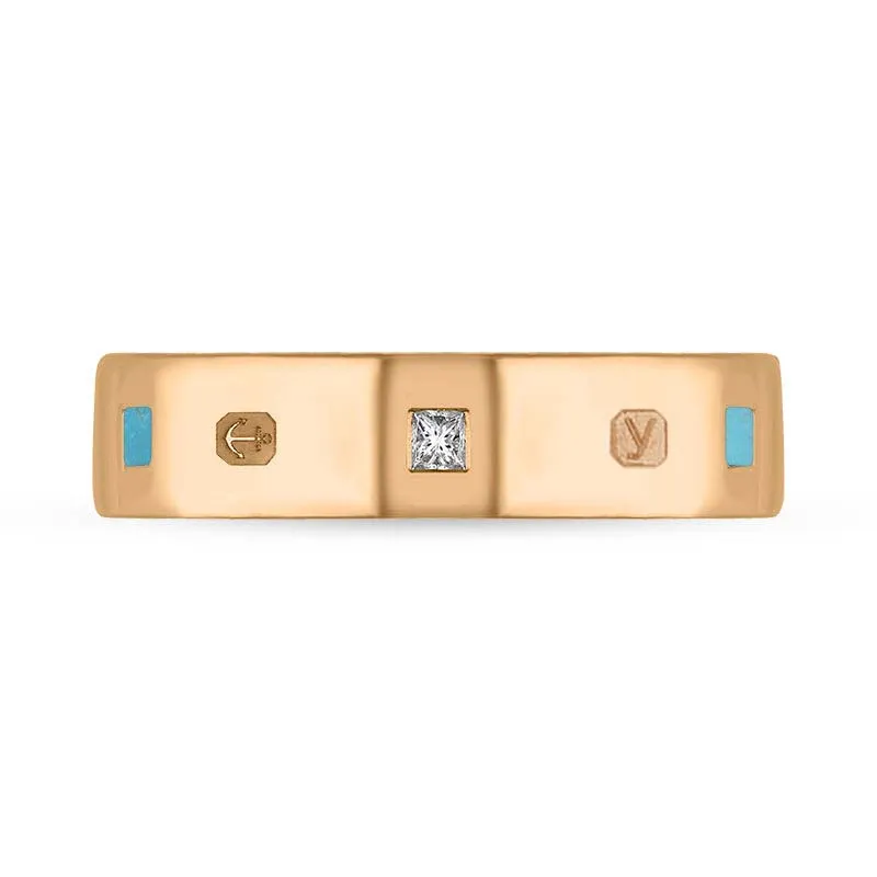 18ct Rose Gold 0.12ct Diamond Turquoise King's Coronation Hallmark Princess Cut 5mm Ring D