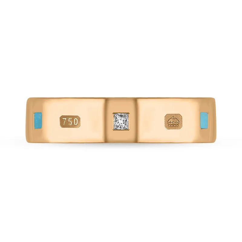 18ct Rose Gold 0.12ct Diamond Turquoise King's Coronation Hallmark Princess Cut 5mm Ring D
