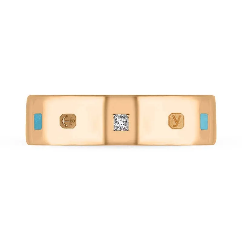 18ct Rose Gold 0.18ct Diamond Turquoise King's Coronation Hallmark Princess Cut 6mm Ring D