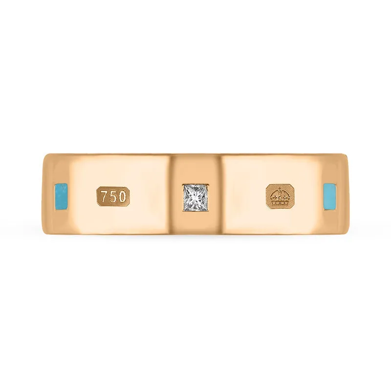 18ct Rose Gold 0.18ct Diamond Turquoise King's Coronation Hallmark Princess Cut 6mm Ring D