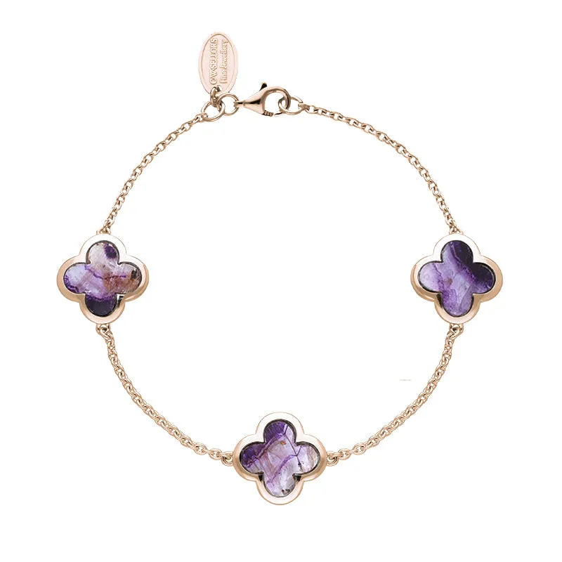 18ct Rose Gold Blue John  bloom Four Leaf Clover Chain Bracelet