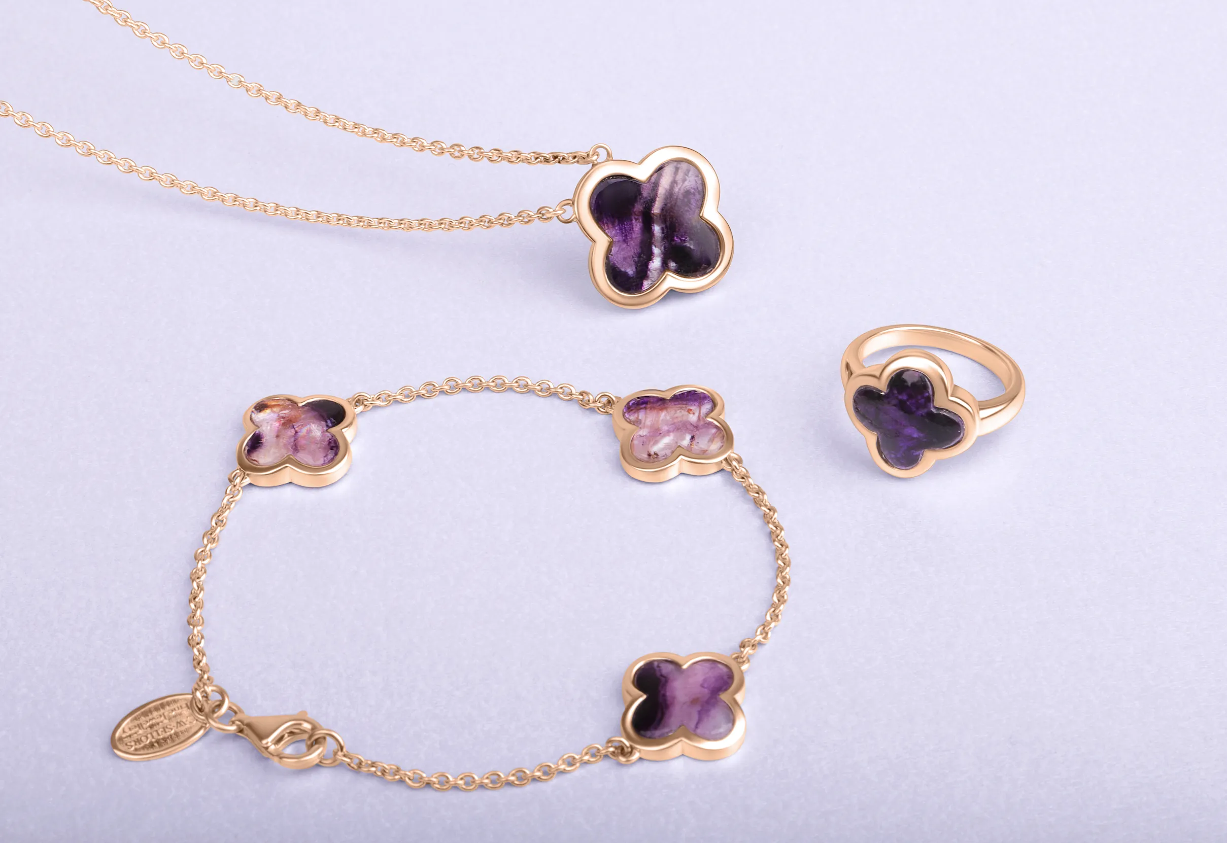 18ct Rose Gold Blue John  bloom Four Leaf Clover Chain Bracelet
