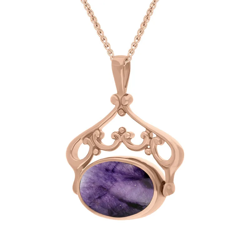 18ct Rose Gold Blue John Mother Of Pearl Double Sided Oval Swivel Fob Necklace