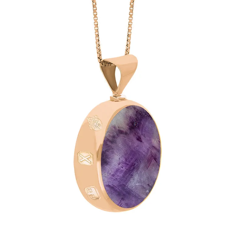 18ct Rose Gold Blue John Mother of Pearl Queens Jubilee Hallmark Double Sided Round Necklace D