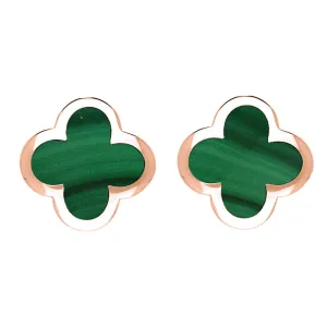 18ct Rose Gold Malachite Bloom Four Leaf Clover Stud Earrings