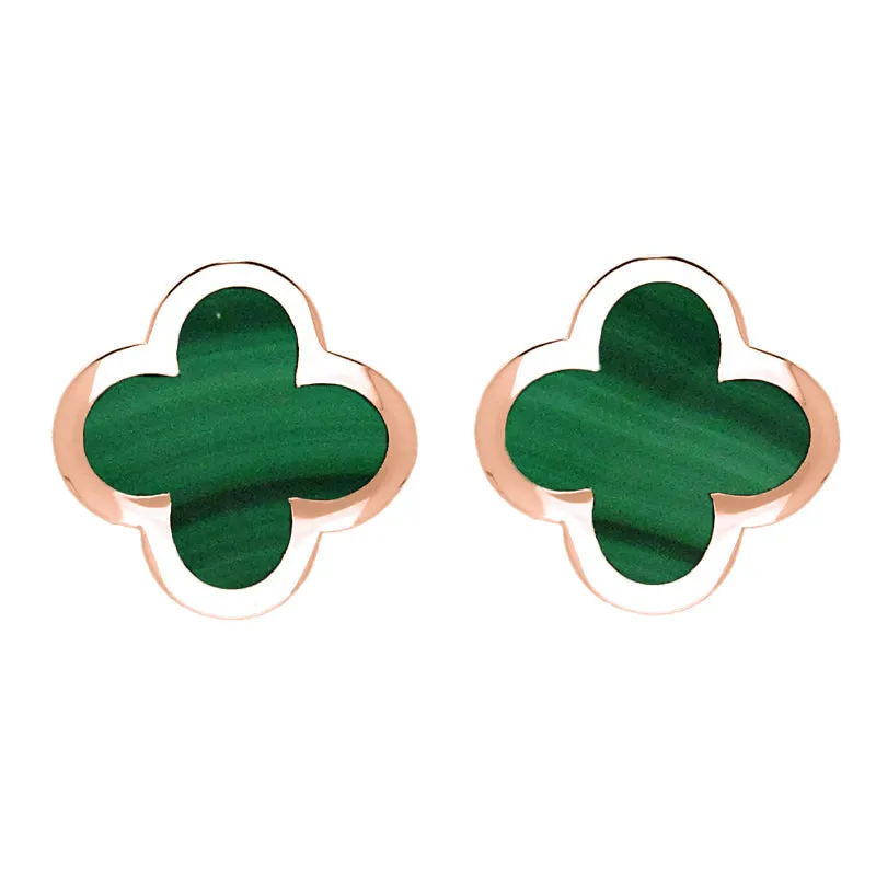 18ct Rose Gold Malachite Bloom Four Leaf Clover Stud Earrings