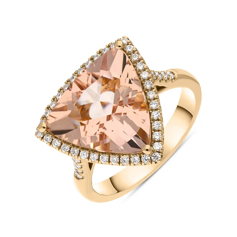 18ct Rose Gold Morganite Diamond Trillion Cut Shoulder Set Halo Ring