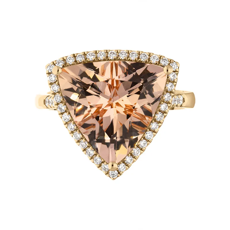 18ct Rose Gold Morganite Diamond Trillion Cut Shoulder Set Halo Ring