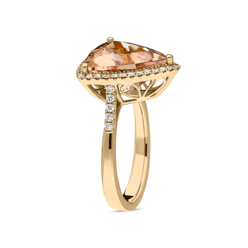 18ct Rose Gold Morganite Diamond Trillion Cut Shoulder Set Halo Ring