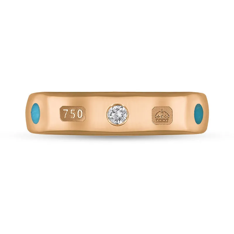 18ct Rose Gold Turquoise 0.08ct Diamond Queen's Jubilee Hallmark 5mm Ring D