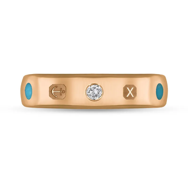 18ct Rose Gold Turquoise 0.08ct Diamond Queen's Jubilee Hallmark 5mm Ring D