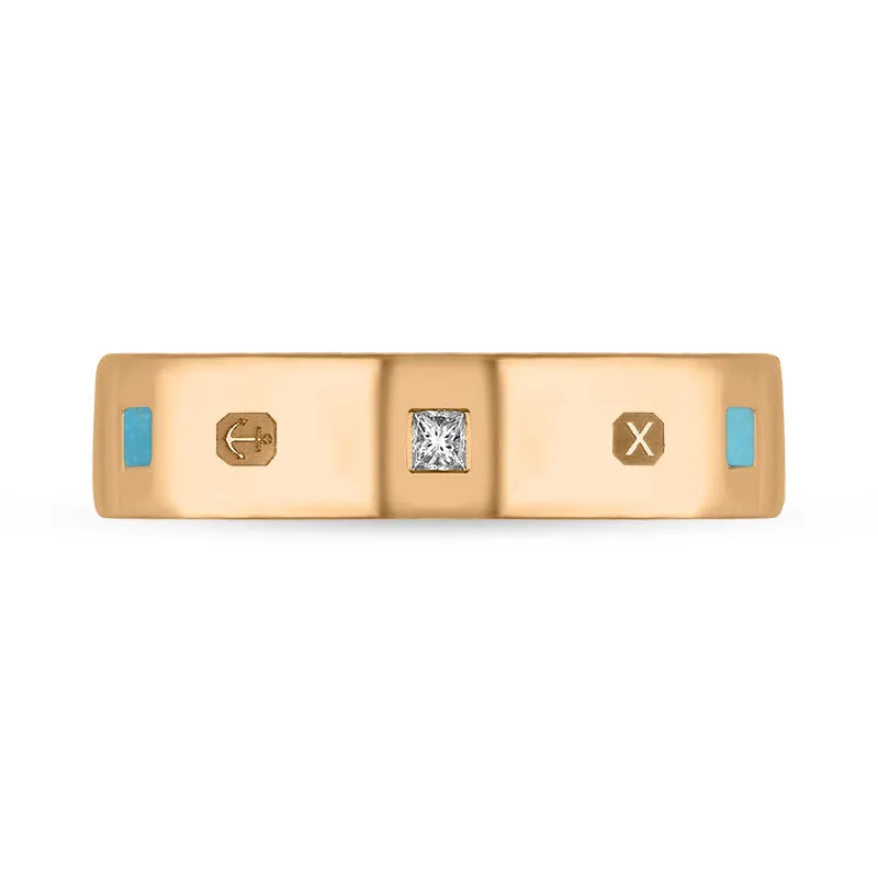 18ct Rose Gold Turquoise 0.12ct Diamond Queen's Jubilee Hallmark Princess Cut 5mm Ring D