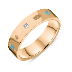 18ct Rose Gold Turquoise 0.12ct Diamond Queen's Jubilee Hallmark Princess Cut 5mm Ring D