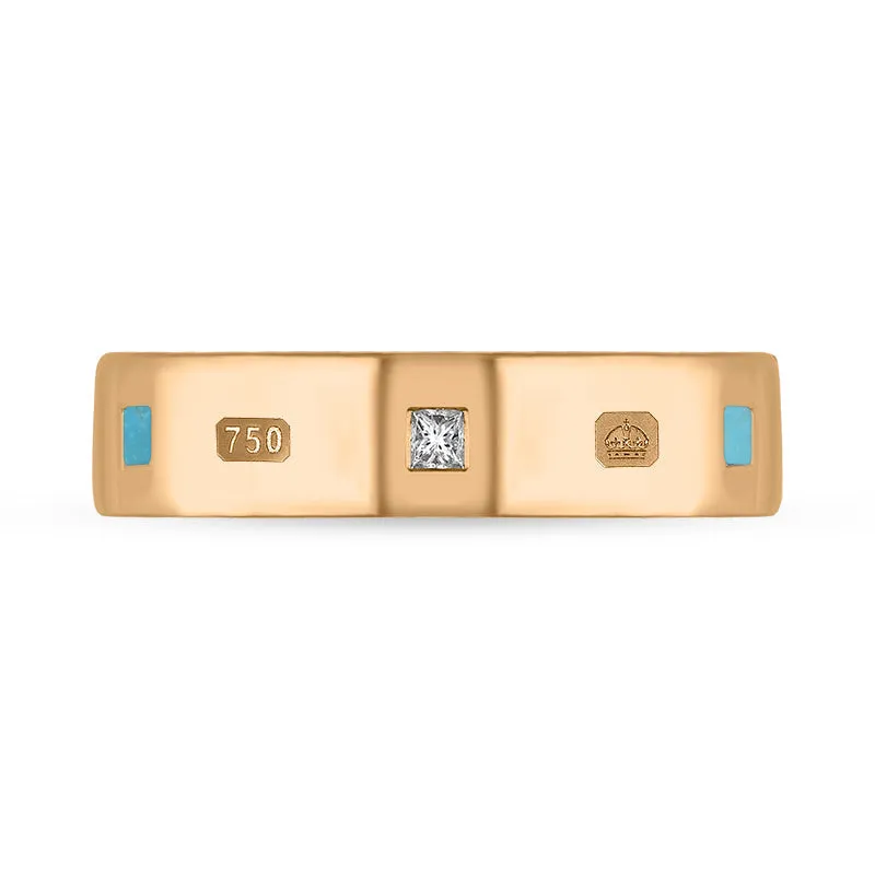 18ct Rose Gold Turquoise 0.12ct Diamond Queen's Jubilee Hallmark Princess Cut 5mm Ring D