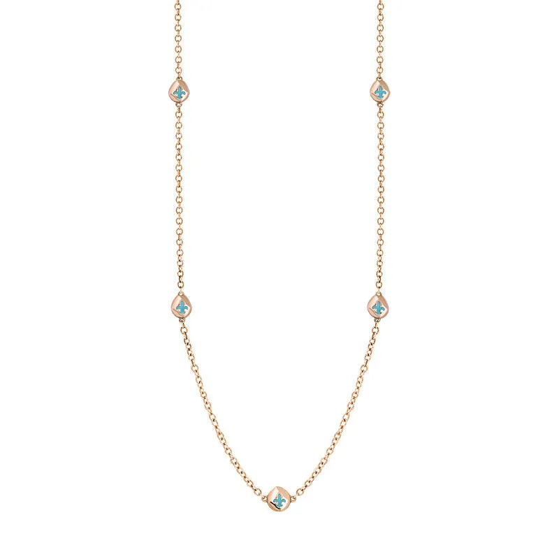 18ct Rose Gold Turquoise Fleur De Lis Link Disc Chain Necklace