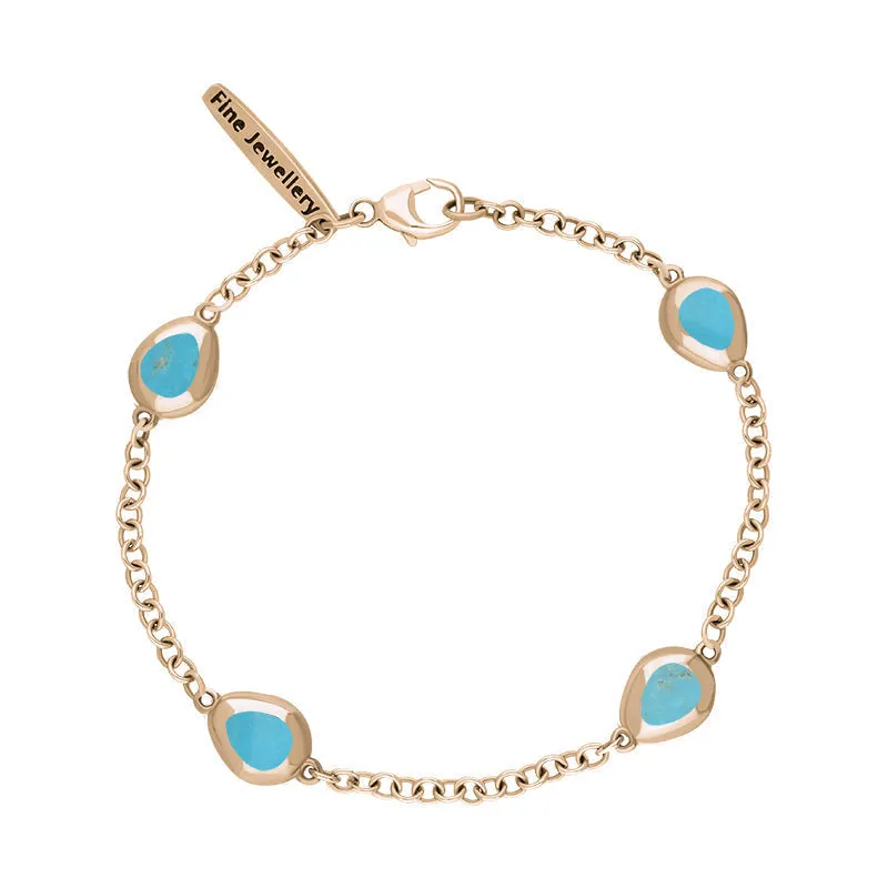 18ct Rose Gold Turquoise Oval Fleur De Lis Detail Four Stone Bracelet