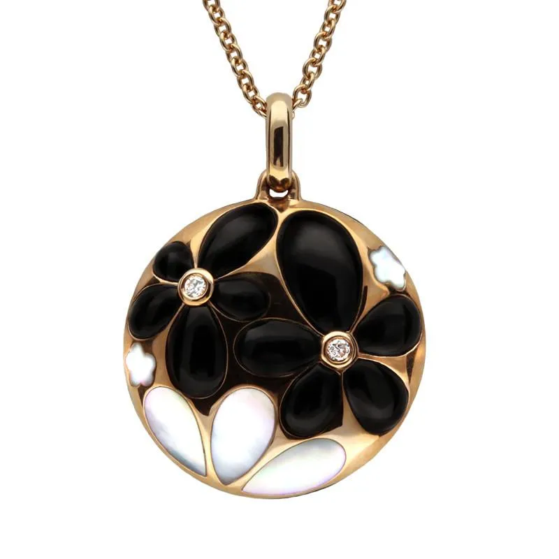 18ct Rose Gold Whitby Jet 0.01 Carat Diamond Flower Circle Pendant D