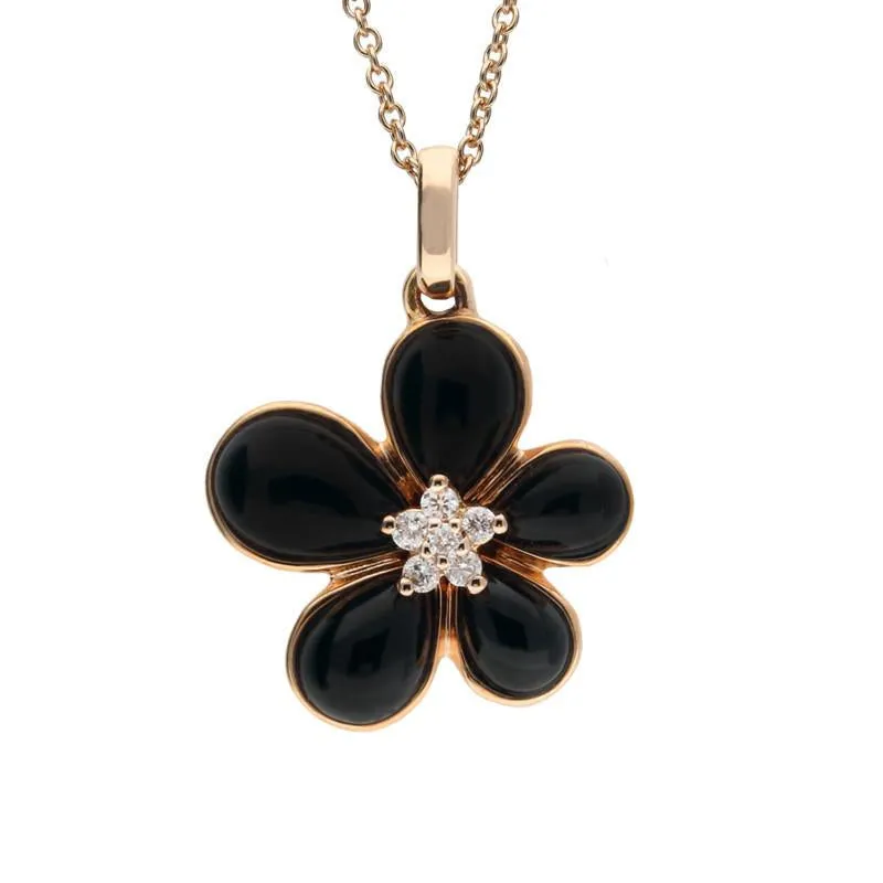 18ct Rose Gold Whitby Jet 0.025 Carat Diamond Small Flower Pendant D