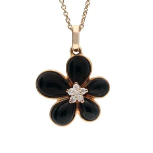 18ct Rose Gold Whitby Jet 0.025 Carat Diamond Small Flower Pendant D