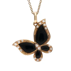 18ct Rose Gold Whitby Jet 0.08ct Diamond Butterfly Necklace D