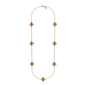 18ct Rose Gold Whitby Jet And Amber Eden Long Marquise Flower Necklace