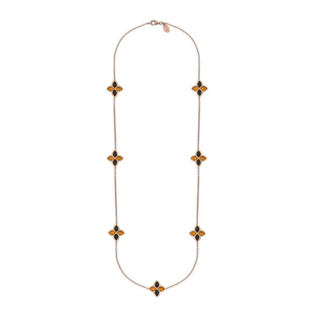 18ct Rose Gold Whitby Jet And Amber Eden Long Marquise Flower Necklace