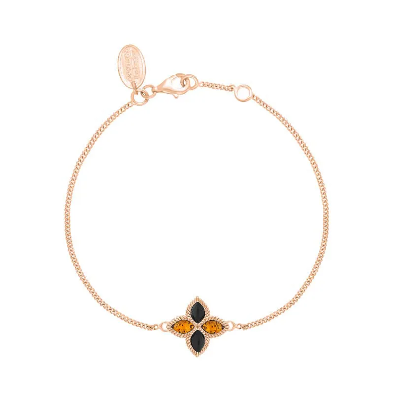 18ct Rose Gold Whitby Jet And Amber Eden Marquise Flower Bracelet