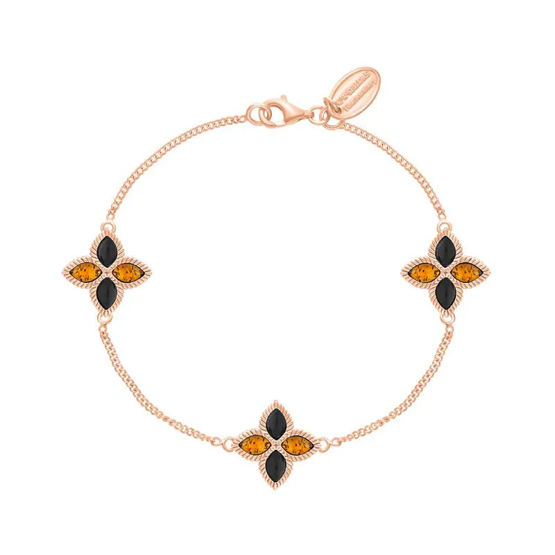 18ct Rose Gold Whitby Jet And Amber Eden Marquise Flower Bracelet