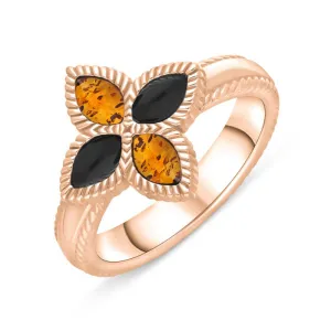 18ct Rose Gold Whitby Jet And Amber Eden Marquise Flower Ring