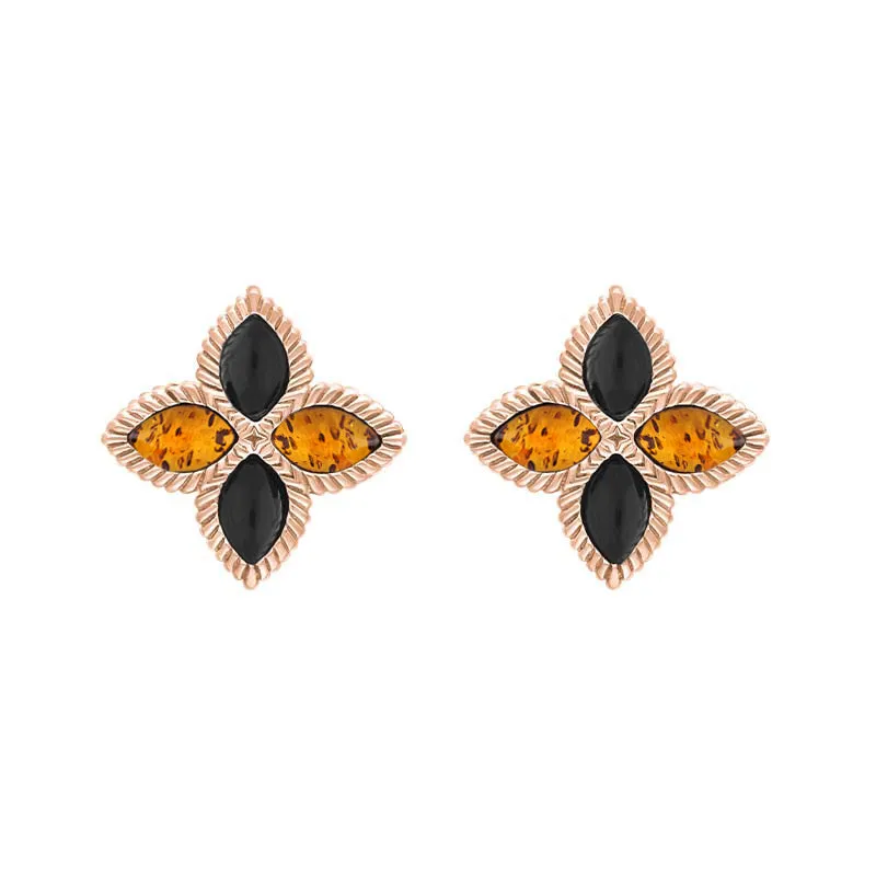 18ct Rose Gold Whitby Jet And Amber Eden Marquise Flower Stud Earrings