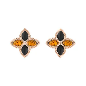 18ct Rose Gold Whitby Jet And Amber Eden Marquise Flower Stud Earrings