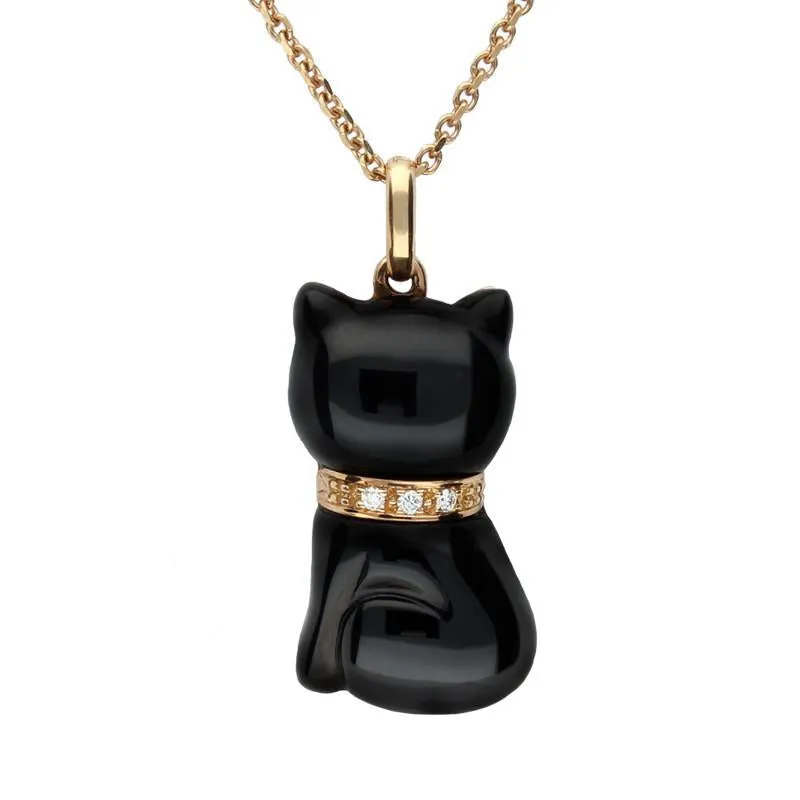 18ct Rose Gold Whitby Jet and Diamond Cat Small Necklace