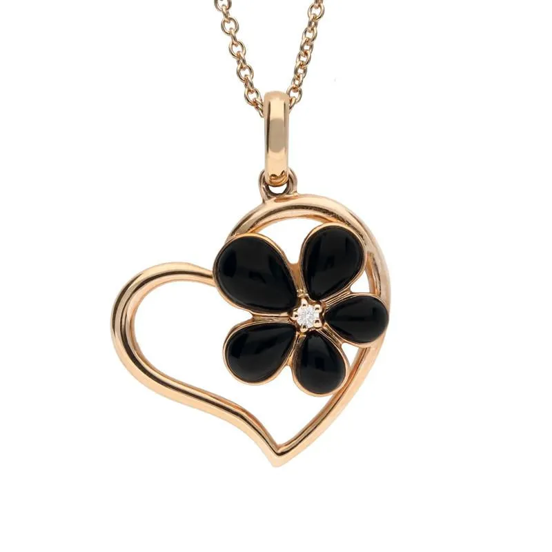 18ct Rose Gold Whitby Jet and Diamond Flower Heart Necklace D