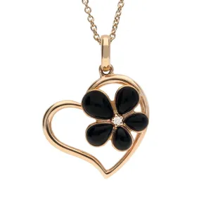 18ct Rose Gold Whitby Jet and Diamond Flower Heart Necklace D