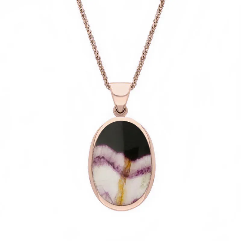 18ct Rose Gold Whitby Jet Blue John Small Double Sided Fob Necklace