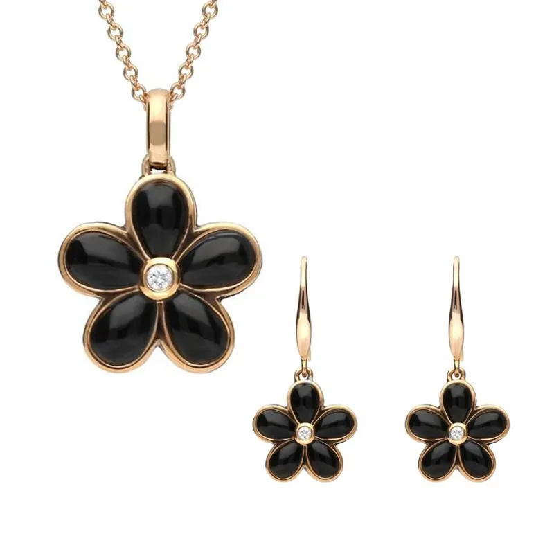 18ct Rose Gold Whitby Jet Diamond Flower Two Piece Set D