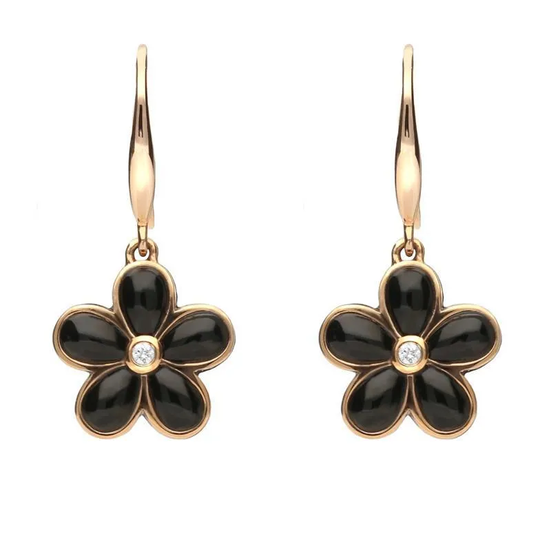 18ct Rose Gold Whitby Jet Diamond Flower Two Piece Set D