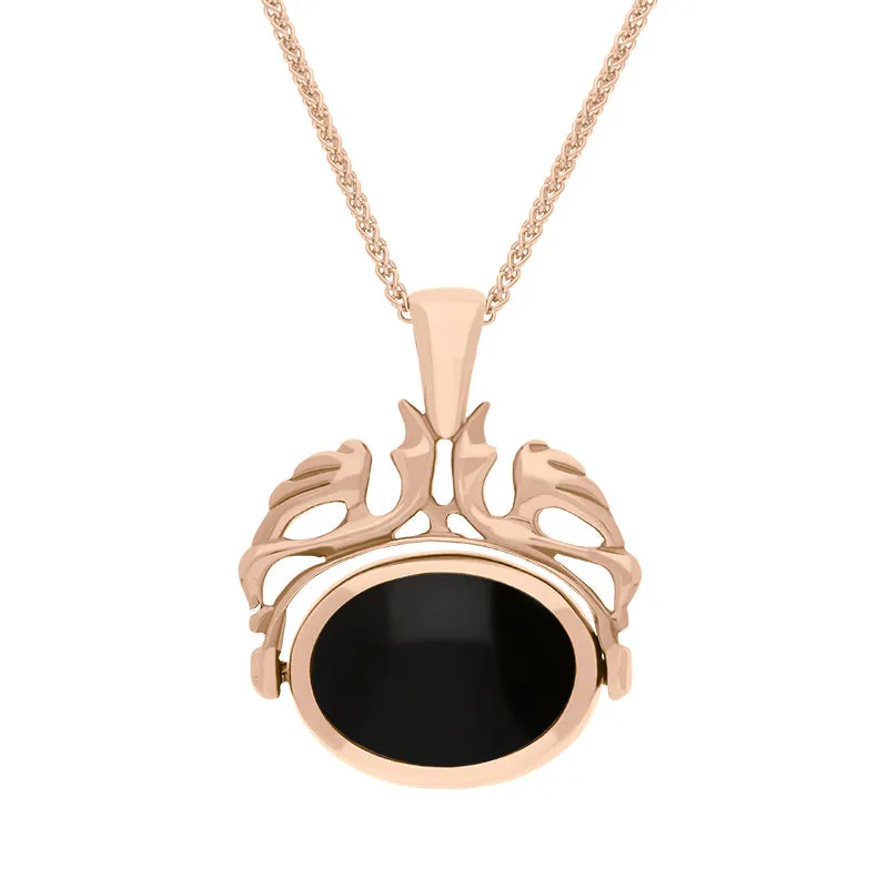 18ct Rose Gold Whitby Jet Malachite Double Sided Oval Swivel Fob Necklace