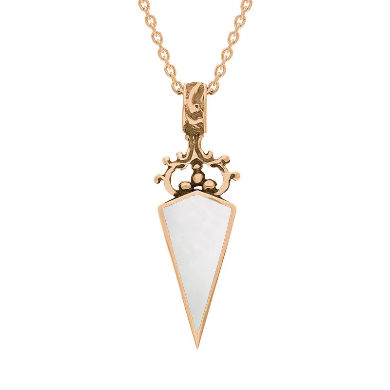 18ct Rose Gold Whitby Jet Mother Of Pearl Double Sided Dagger Fob Necklace