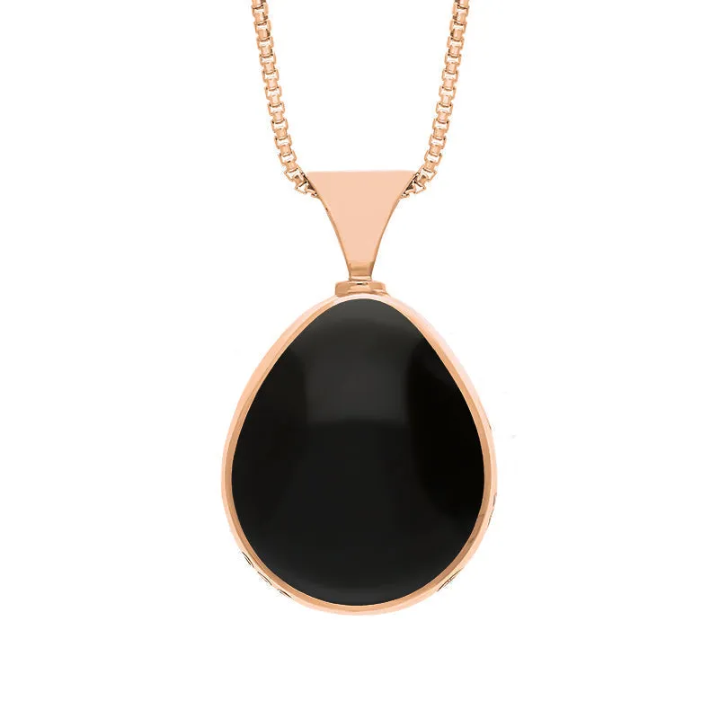 18ct Rose Gold Whitby Jet Mother of Pearl Queens Jubilee Hallmark Double Sided Pear-shaped Necklace D